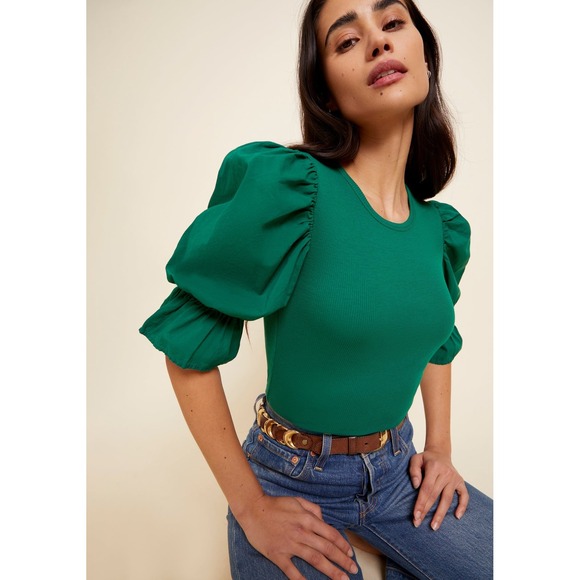 Nation LTD Tops - Nation LTD Kenzie Flounce Sleeve Tee Emerald Green Ribbed Top Size Small Holiday